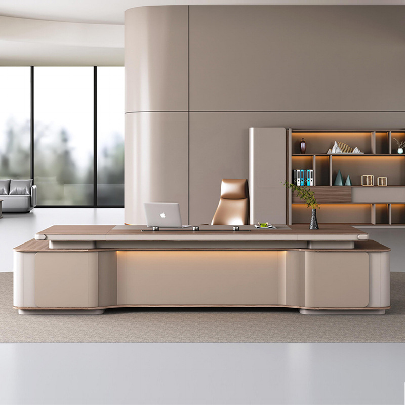 Model: DBT005 Modern Voice-Control Light Strip Boss-kombinationsskrivebord og kabinet, multifunktionsstik, let luksus og elegant Boss-kontorbord.